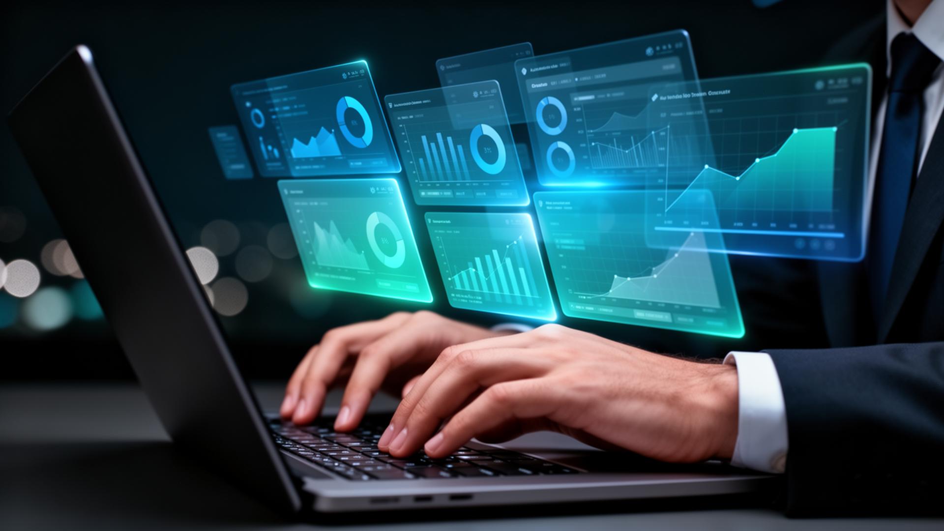 Mãos digitando em laptop com dashboards de analytics